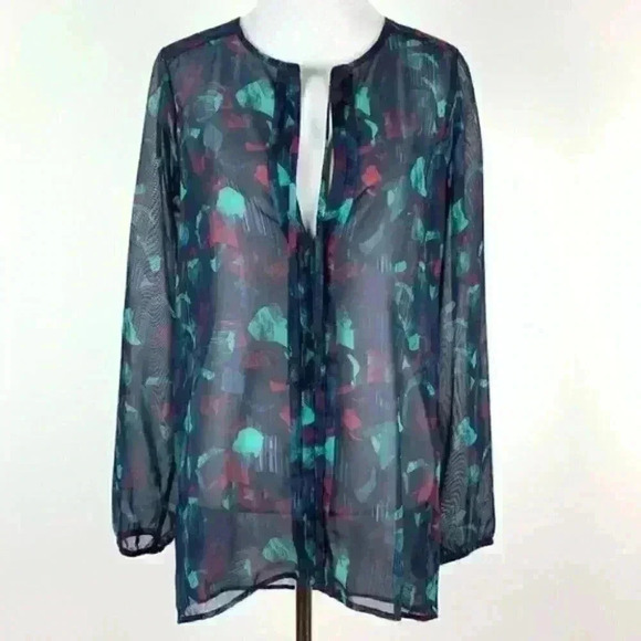 Mudd top size S blue burgundy sheer artsy career - Picture 1 of 9